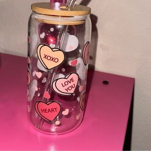 Valentines glass cup with straw